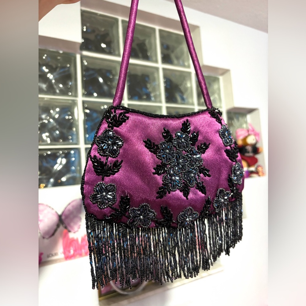 ✨ VINTAGE RARE 50s SMALL BEADED SATIN MINI PURSE PLUM DANGLY BEADED FRINGE ✨ - Picture 12 of 12